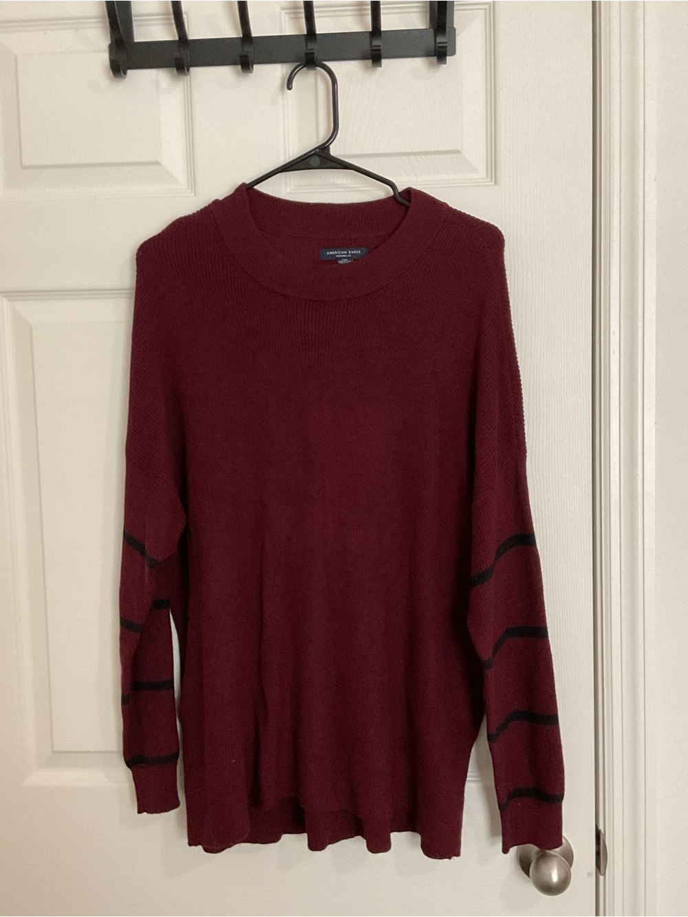 American Eagle Outfitters Burgundy Crewneck Sweater with Black Sleeve Stripes